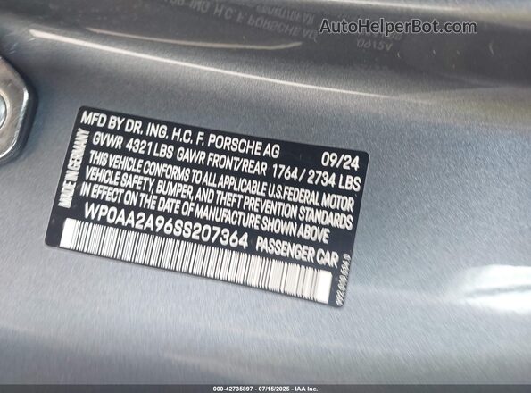 WP0AA2A96SS207364 2025 PORSCHE 911 Серый Вид подкапотного пространства
