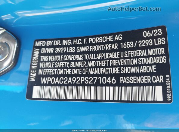 WP0AC2A92PS271046 2023 PORSCHE 911 Blue Widok komory silnika