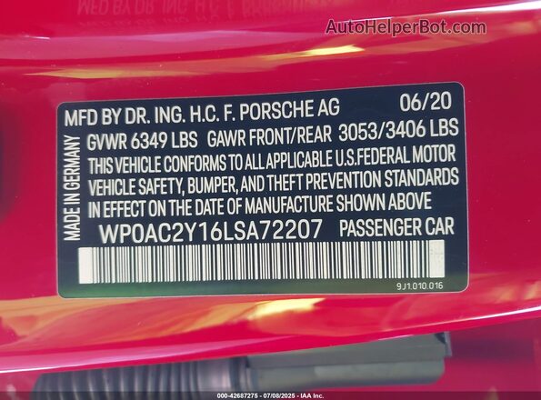 WP0AC2Y16LSA72207 2020 PORSCHE TAYCAN Красный Вид подкапотного пространства