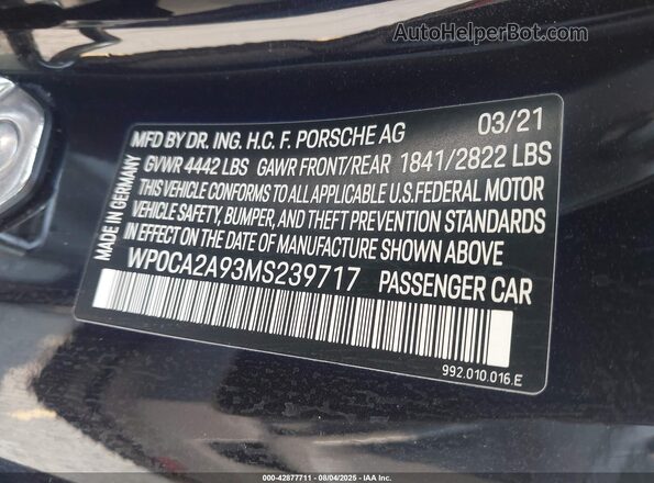 WP0CA2A93MS239717 2021 PORSCHE 911 Black Widok komory silnika