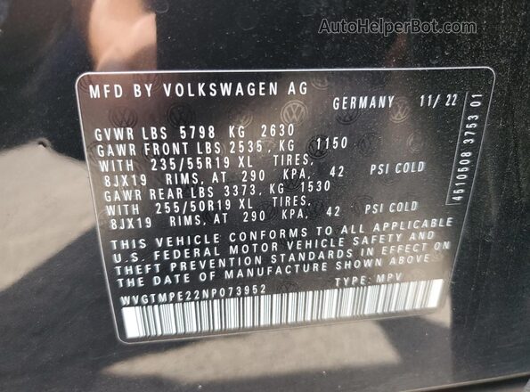WVGTMPE22NP073952 2022 VOLKSWAGEN ID.4 Black Vista de la etiqueta del VIN