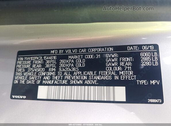 YV4102PK2L1544616 2020 VOLVO XC90 Серебряный Вид подкапотного пространства