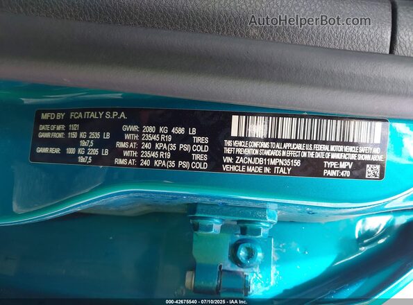 ZACNJDB11MPN35156 2021 JEEP RENEGADE Blue Vista del compartimento del motor
