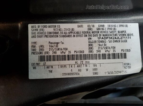 1FADP3K24JL271131 2018 FORD FOCUS Gray VIN կոդի պիտակի տեսք