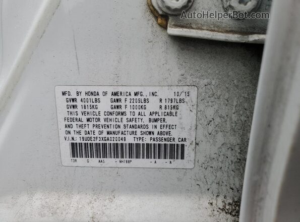 19UDE2F3XGA020049 2016 ACURA ILX White Widok naklejki z numerem VIN