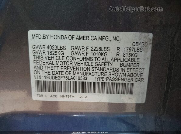19UDE2F76LA010583 2020 ACURA ILX Серый Вид подкапотного пространства
