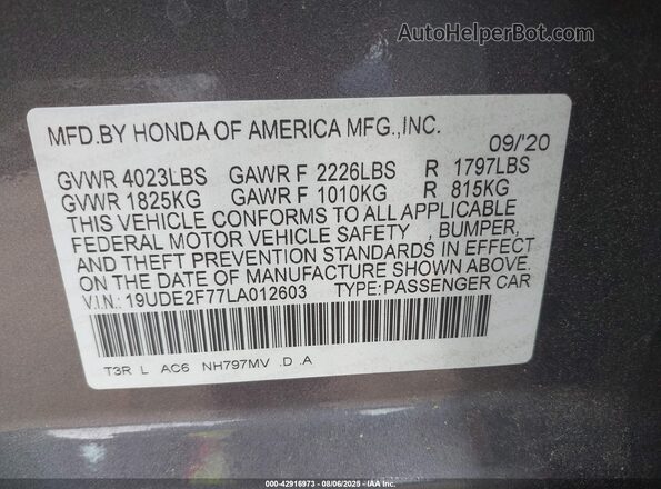 19UDE2F77LA012603 2020 ACURA ILX Gray Widok komory silnika