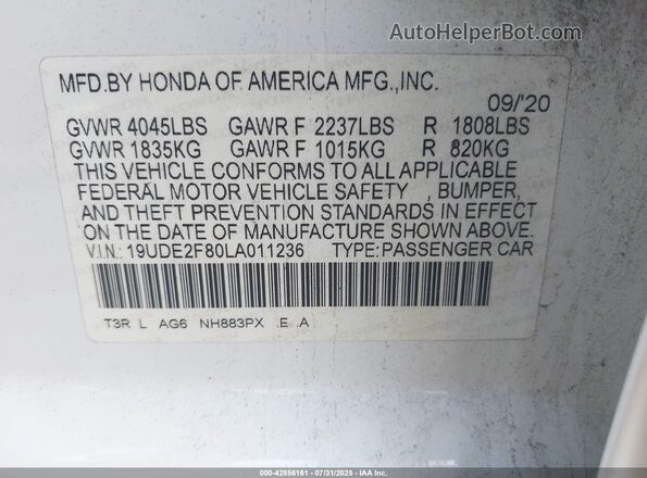 19UDE2F80LA011236 2020 ACURA ILX White Vista del compartimento del motor