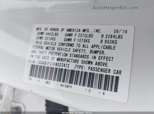 19UUB1F37HA003472 2017 ACURA TLX White Engine compartment view