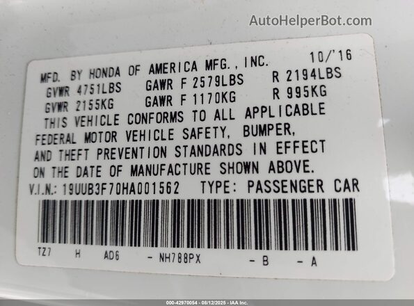 19UUB3F70HA001562 2017 ACURA TLX Белый Вид подкапотного пространства