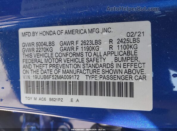 19UUB6F52MA009172 2021 ACURA TLX Blue Вид підкапотного простору