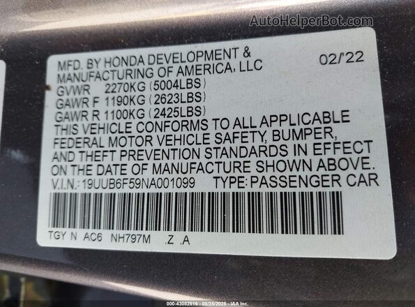 19UUB6F59NA001099 2022 ACURA TLX Серый Вид подкапотного пространства