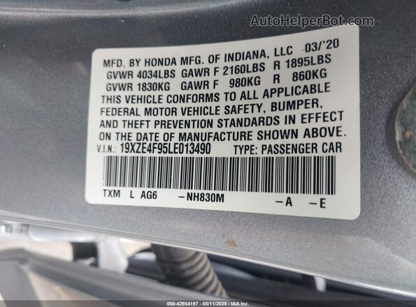 19XZE4F95LE013490 2020 HONDA INSIGHT Gray Widok komory silnika