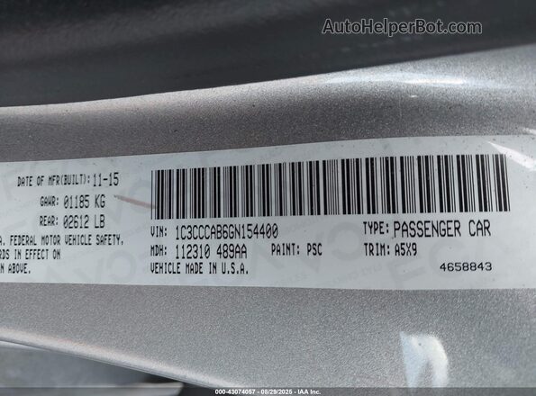 1C3CCCAB6GN154400 2016 CHRYSLER 200 Silver Widok komory silnika