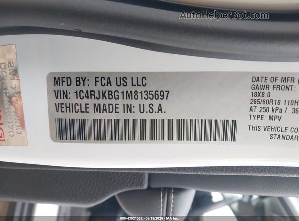 1C4RJKBG1M8135697 2021 JEEP GRAND CHEROKEE L Белый Вид подкапотного пространства