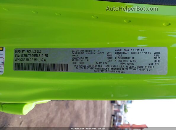 1C6HJTAG9ML619155 2021 JEEP GLADIATOR Зеленый Вид подкапотного пространства