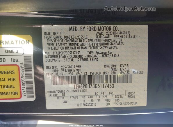 1FA6P0H73G5117453 2016 FORD FUSION Черный Вид подкапотного пространства