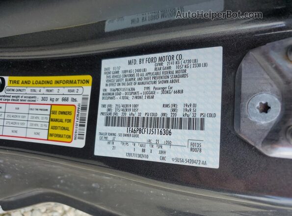 1FA6P8CF1J5116306 2018 FORD MUSTANG Gray Vista de la etiqueta del VIN