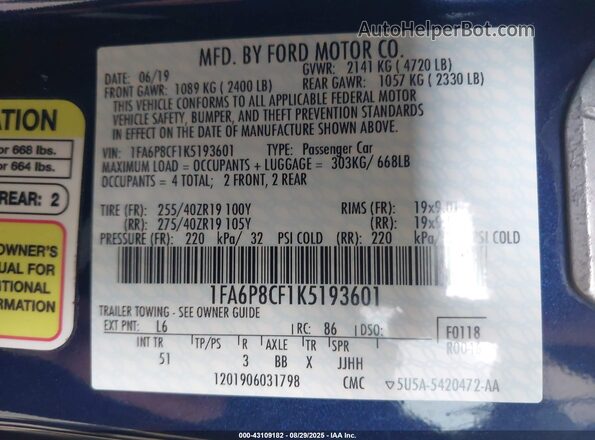 1FA6P8CF1K5193601 2019 FORD MUSTANG Синий Вид подкапотного пространства