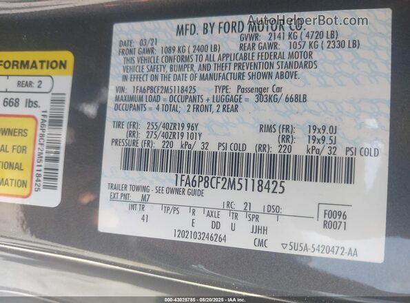 1FA6P8CF2M5118425 2021 FORD MUSTANG Gray Շարժիչի բաժամունքի տեսք