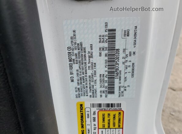 1FA6P8CF3P5305208 2023 FORD MUSTANG White VIN sticker view