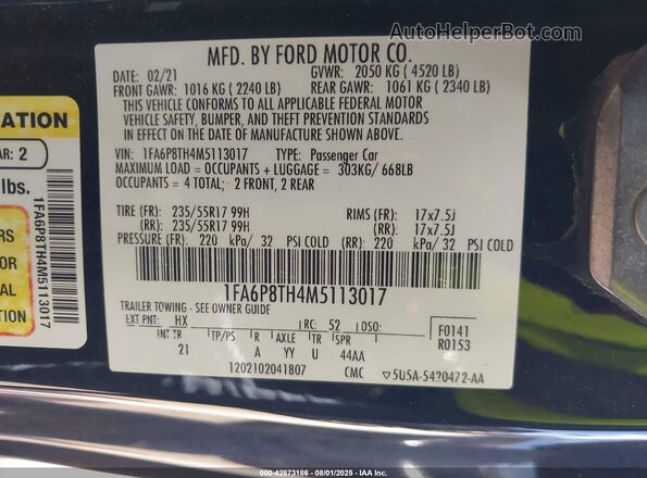 1FA6P8TH4M5113017 2021 FORD MUSTANG Синий Вид подкапотного пространства