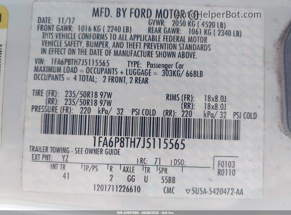 1FA6P8TH7J5115565 2018 FORD MUSTANG White Vista del compartimento del motor