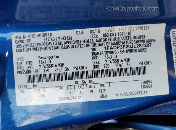 1FADP3F20JL287207 2018 FORD FOCUS Blue Widok komory silnika