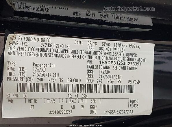 1FADP3J25JL273391 2018 FORD FOCUS Черный Вид подкапотного пространства