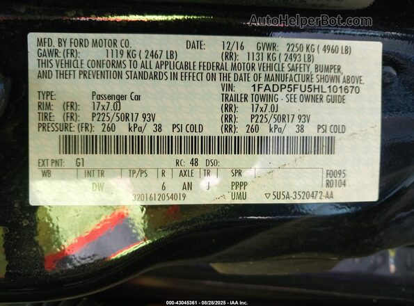 1FADP5FU5HL101670 2017 FORD C-MAX ENERGI Black ძრავის განყოფილების ხედი