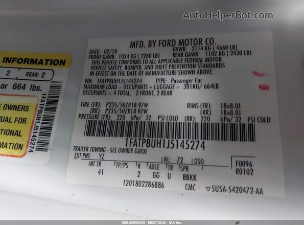 1FATP8UH1J5145274 2018 FORD MUSTANG White Вид підкапотного простору
