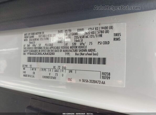 1FBAX2C80LKA43280 2020 FORD PASSENGER Белый Вид подкапотного пространства
