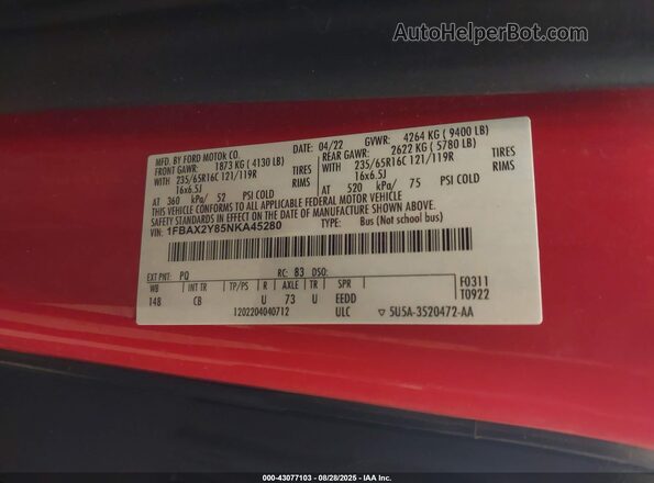 1FBAX2Y85NKA45280 2022 FORD PASSENGER Red Widok komory silnika