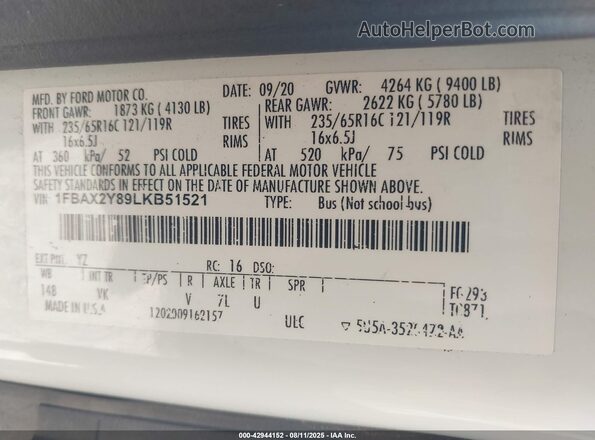 1FBAX2Y89LKB51521 2020 FORD PASSENGER Белый Вид подкапотного пространства