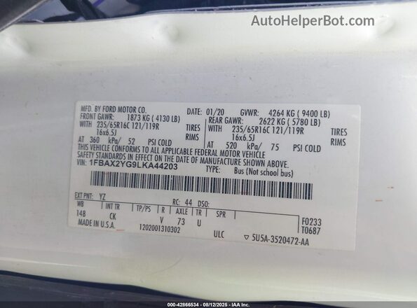 1FBAX2YG9LKA44203 2020 FORD PASSENGER Белый Вид подкапотного пространства