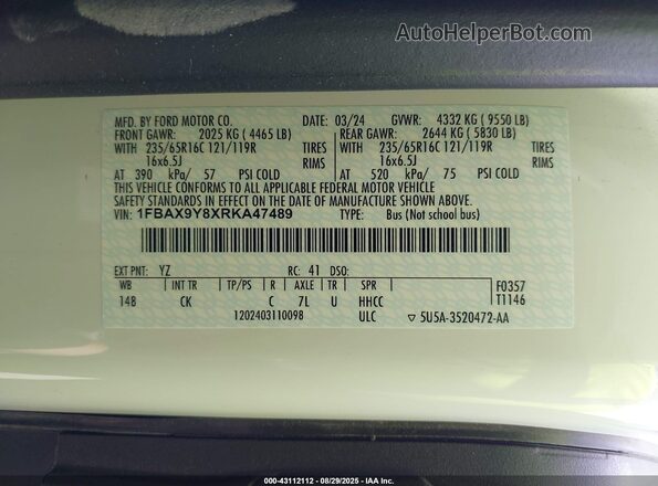 1FBAX9Y8XRKA47489 2024 FORD PASSENGER Белый Вид подкапотного пространства