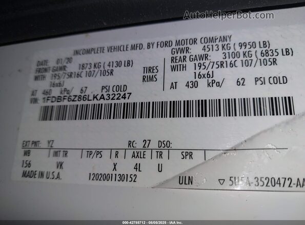 1FDBF6Z86LKA32247 2020 FORD TRANSIT-350 White Vista del compartimento del motor