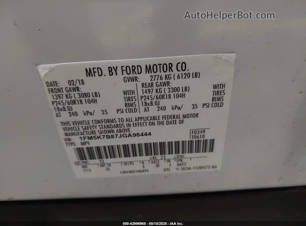 1FM5K7B87JGA98444 2018 FORD FORD EXPLORER White ძრავის განყოფილების ხედი