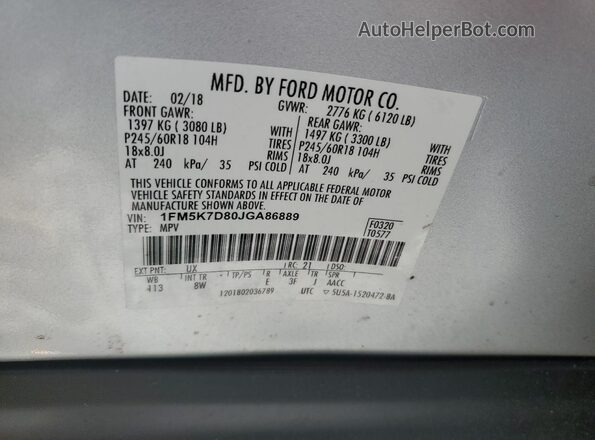 1FM5K7D80JGA86889 2018 FORD FORD EXPLORER Серебряный Вид наклейки с VIN-кодом
