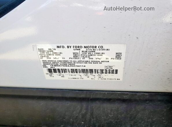 1FM5K7D84JGC54114 2018 FORD FORD EXPLORER White VIN კოდის სტიკერის ხედი