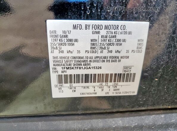 1FM5K7F81JGA15326 2018 FORD FORD EXPLORER Черный Вид наклейки с VIN-кодом