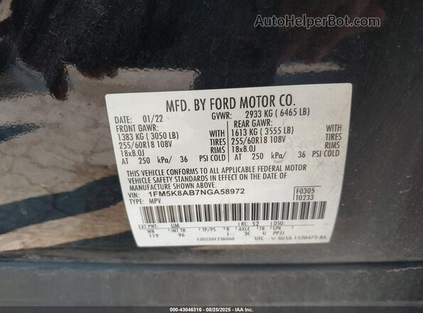 1FM5K8AB7NGA58972 2022 FORD EXPLORER Black Engine compartment view