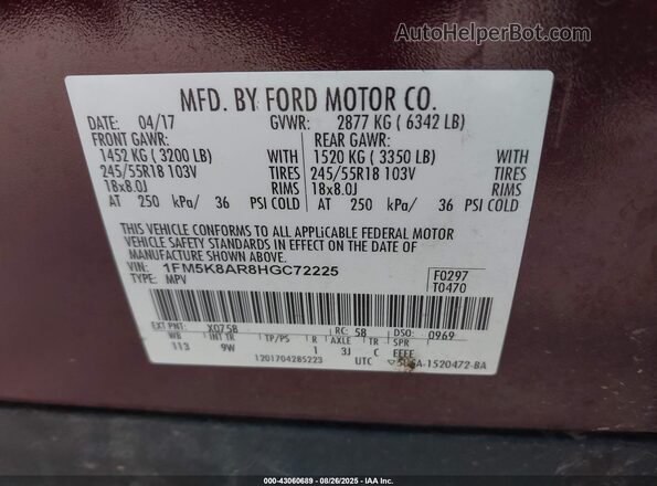 1FM5K8AR8HGC72225 2017 FORD EXPLORER Темно-бордовый Вид подкапотного пространства