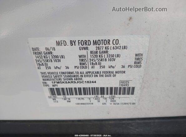 1FM5K8AR9JGC18244 2018 FORD POLICE INTERCEPTOR White ძრავის განყოფილების ხედი