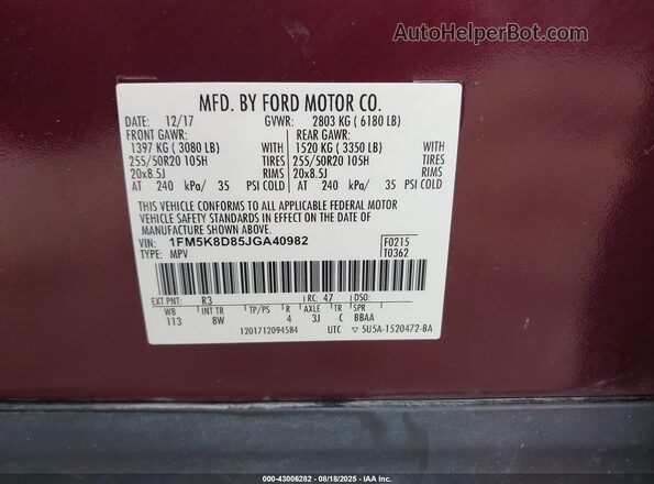 1FM5K8D85JGA40982 2018 FORD FORD EXPLORER Burgundy Widok komory silnika
