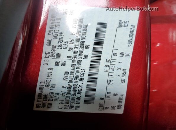1FMCU0GD1JUB13732 2018 FORD ESCAPE Red Widok wnętrza 360 stopni