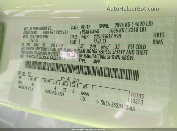 1FMCU0GD3JUA25314 2018 FORD ESCAPE White Engine compartment view