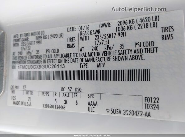 1FMCU0GX8GUC26113 2016 FORD ESCAPE Белый Вид подкапотного пространства
