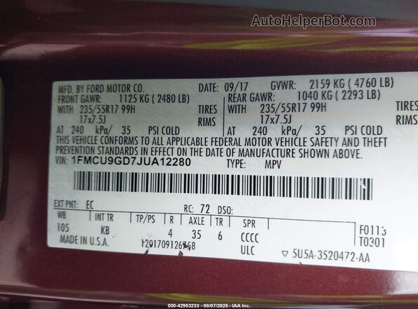 1FMCU9GD7JUA12280 2018 FORD ESCAPE Темно-бордовый Вид подкапотного пространства