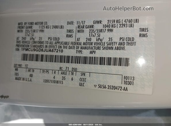 1FMCU9GD8JUA67210 2018 FORD ESCAPE White Engine compartment view